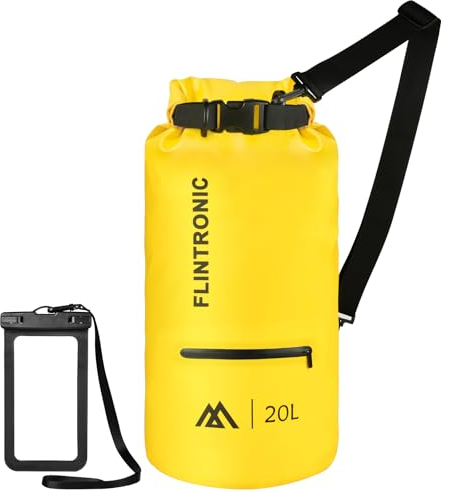 flintronic Wasserdichter Packsack, Wasserdichter Dry Bag, Schwimmender Trockenrucksack Strandtasche, mit Schultergurt und wasserfester Handyhülle für Boot/Kajak/Angeln/Rafting/Schwimmen (Gelb, 20L)