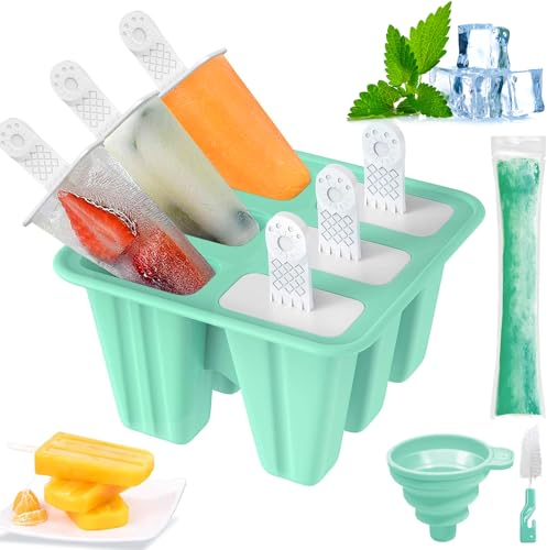 Moule à Glace, Moule Silicone Glace pour Adultes et Enfants, Réutilisables Popsicle Mold, Moule Glace à l'eau avec Pinceau de Nettoyage et Entonnoir de Pliage (Vert, 6 Cavités)