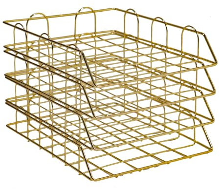 4 Fächern Dokumentenablage aus Metall, Stapelbare Schreibtisch Organizer Dokumentenablage Mesh Design Schreibtischablage für A4 Papier, Dokument, für Zuhause Büro Schule (Gold)