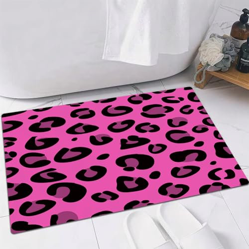 EMFSLA rutschfest Badezimmer Badeteppiche,Weich Hochflor Saugfähig Badvorleger Waschbar Flauschige Mikrofaser Badematte,Pink, Leopard Tierhaut Muster im abstrakten Stil,60x90 cm