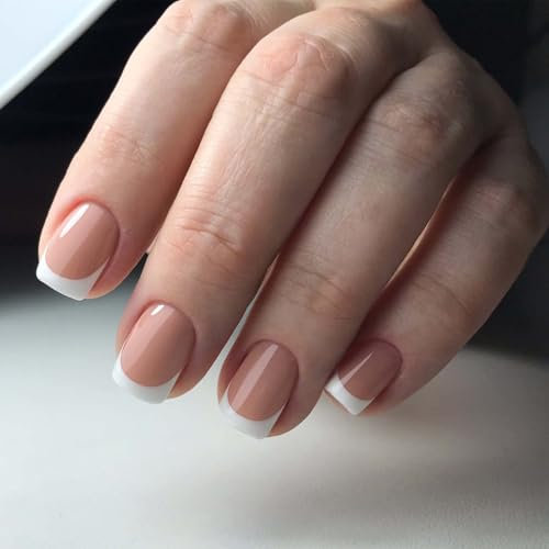 24Pcs Short False Nails - French Tip False Nail - Square Shape Dark Nude Color French Tip Press on Nails - Glossy Full Cover Glue on Nails Gifts for Women Girls Removable Nail Art