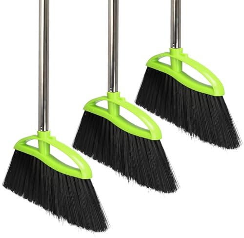 3 Packs Indoor Brooms Green Angle Broom Soft Bristles Long Handle for Hardwood Floor Sweeping