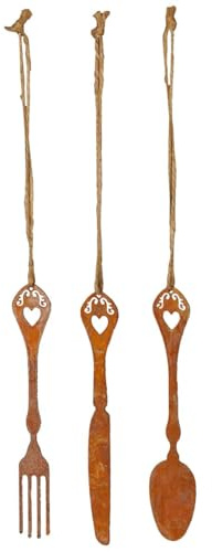 Dekoratives Besteck-Set zum Hängen aus Eisen in Rostfarben - Löffel, Gabel & Messer als moderne Wanddekoration - Als stylische Dekohänger in Küche, Esszimmer oder auf Terrasse, Balkon & Garten