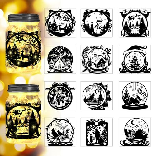 Peacoblue Christmas Crystal Ball Silhouette Cutouts for Jars Mason Can Glass Wishing Bottle Decor(No Stickers), 12Pcs Reusable Silhouette for Lantern DIY Craft Kit Jar Decals Art Mural Home Garden