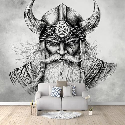 Tapete Grau Tapeten Vliestapete mit Einfacher Handgezeichneter Wikinger-Krieger für Schlafzimmer, Küchentapete Wand Schrankaufkleber Wandtapete Badezimmer Möbel Wohnzimmer, 200 x 140 cm