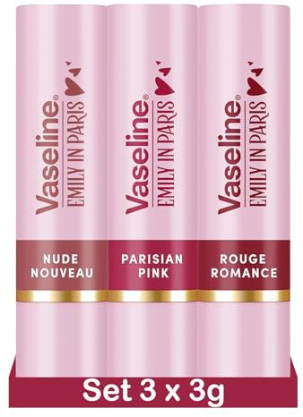 Vaseline x Emily in Paris | Feuchtigkeitsspendende Lippenbalsam Sticks 3er Set | Limited Edition | (Nude Nouveau, Parisian Pink & Rouge Romance)