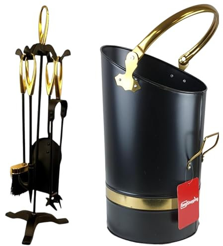 Easy Shopping® 5 Pcs Companion Set and Heavy-Duty 16 Coal Hod, Coal Bucket Scuttle Stylish Colour Fireplace Tools Set, in Companion Set Tong, Shovel, Poker, Brush, Stand and 16 Coal Hod (Brass)