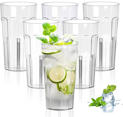 PRITOK Tasses en plastique acrylique : 6 pièces verres à boire 370 ml verres à eau transparents Gobelets en plastique réutilisables, empilables, verres incassables pour boissons chaudes et froides