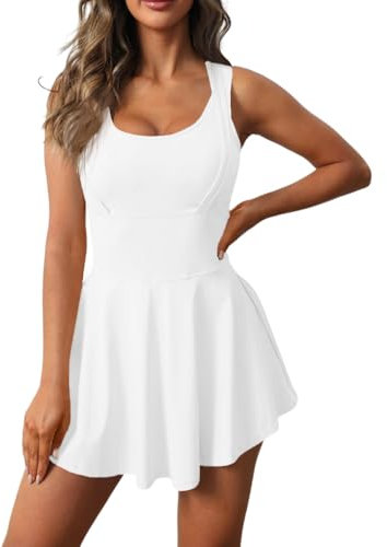 Fisoew Damen Tenniskleid Ärmellos U-Ausschnitt Sport Kleid Set Sommer Minikleid mit Integrierten BH und Shorts A-Linie Golf Kleider(Weiß, S)