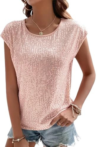 Naimo Damen Glitzer Pailletten Top Kurzarm Rundhals T-Shirt Elegant Sparkle Bluse Party Cocktail Oberteile