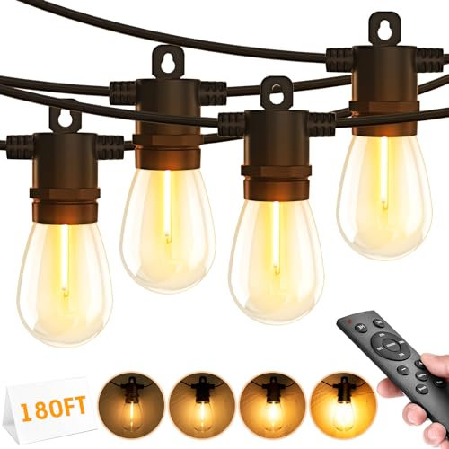 LED String Festoon Lights Outdoor - Remote Control 180ft IP65 Waterproof LED Garden Light Weatherproof Outside Lights for Gazebo Pergola Patio