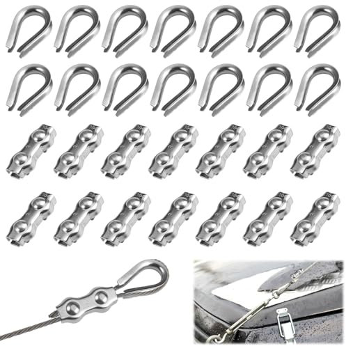28 Pièces Serre Cable Acier 3mm, Serre Cable INOX, 14 Pièces Serre Cable Acier 3mm + 14 Pièces Câbles Cosses, Pinces Duplex, Serre-Câbles Duplex pour Fils Duplex Clôture électrique Cordes à Linge