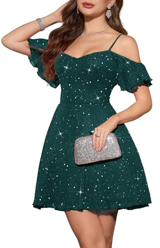 Meetjen Damen Sparkly Off Shoulder Ballkleid 2025 A-Linie Tüll Spaghettiträger Kurze Cocktailkleider
