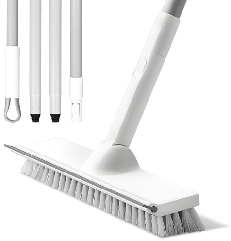 Floor Scrubbing Brush, 2 in 1 Floor Cleaning Brush with Squeegee, Long Handle Stiff Bristle Scrub Brushes for Cleaning Bathroom Tile Patio Deck