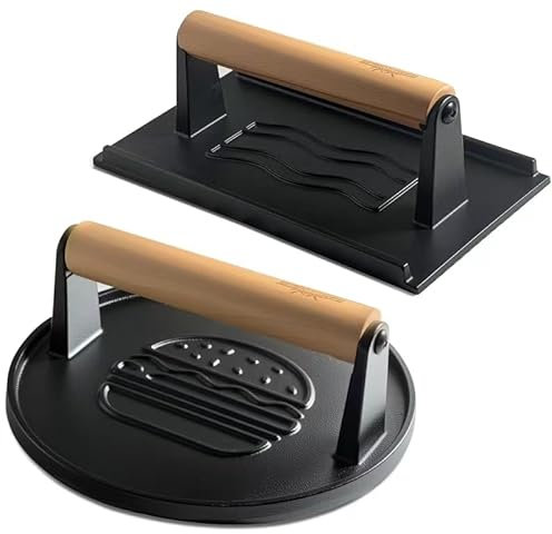 XUDAKAIXIN Cast Iron Smash Burger Press (2PCS),Grill Bacon Meat Press Tool,Perfect for Blackstone, Camp Chef, Weber Grills & Indoor Griddles – BBQ & Cookout Must-Have (Round & Rectangle (Flat Bottom)