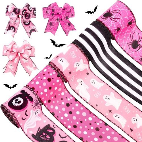 Whaline Lot de 5 rouleaux de ruban d'Halloween à bords métalliques pour Halloween, fantôme, toile d'araignée, pois, rayures, ruban d'emballage rose et noir, ruban d'emballage pour nœud, couronne, fête