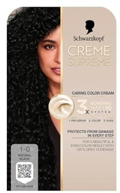 SCHWARZKOPF Creme Supreme 1-0 Natural Black, Choose the color that defines you, with the care you need, offers color and care, with the 3x Bonding HaptIQ Care System, Pack of 1
