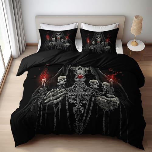 Duvet Cover Set Double 200x200cm Black Skull Ruby 3D Print Bedding Set, Soft Microfiber Quilt Cover Set with 2 Pillowcases
