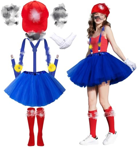 C2 Bro Karneval Kostüm Erwachsene Damen, Bro Karnevalskostüme Damen Gruppen Kostüm Cosplay Zubehör Set Mit Tüllrock Mütze Hosenträger Bart Knöpfe Handschuhen & Socken Für Karneval & Mottoparty