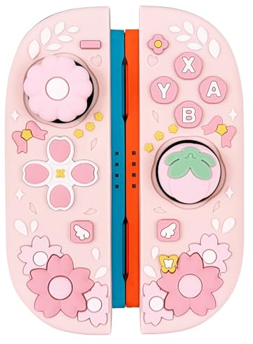 WSLUCKO Cute Silicone Protective Case for Nintendo Switch 2 Joycon (2025) with 2 Silicone Thumb Grips, Cherry Blossom Controllers Cover, Pink