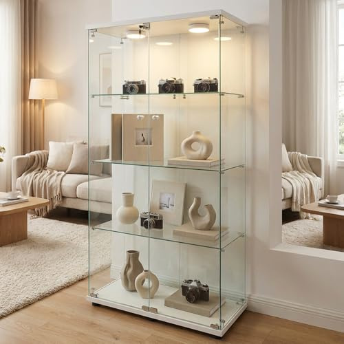 Lumivortex Vitrina de Cristal con iluminación LED, Color Blanco, 80,6 x 36,5 x 164,5 cm, Dos Puertas con Cerradura, Vitrina de Cristal de pie con 3 estantes de Cristal, Vitrina para salón, Dormitorio