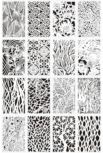 16Pcs Stencils for Painting Reusable Texture Stencil Natural Flower Grains Wood Plants Texture Templates with Geometric Patterns DIY Art Stencils for Canvas Wall Furniture Card (11x7.1'')