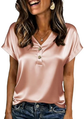 ABINGOO Chemisier Femme Satin Col V Manches Courtes Top Elegant Haut | Boutonnée Couleur Unie Ample Décontracté Soirée Officiel Blouse