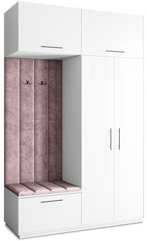 Masseno Flugarderoben Set Rema, Kleiderschrank-Set mit Sitzbank, Garderobenschrank Flur mit 5 Regalböden, Weiß