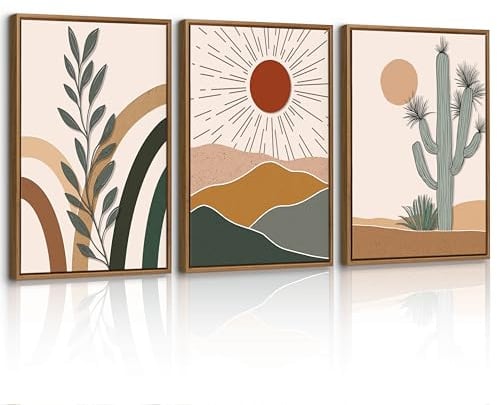 3 Pcs Boho Astratto Deserto Tramonto Quadri Moderni Con Cornice, Natura Deserto Cactus Quadro Stampa Su Tela Estetico Piante Paesaggi Stampe Da Parete Decor Per Soggiorno Camera Da Letto 40x60cmx3