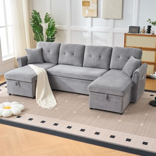 kowdom U-Form Ecksofa mit Schlaffunktion und Bettkasten, Big Sofa 266 cm breit mit Stauraum, bequemes Schlafsofa mit Chenille-Bezug für Wohnzimmer & Gästebett, Grau