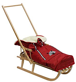 Holzschlitten für Kinder mit Rückenlehne Rodelschlitten Davoser Schlitten aus Holz mit einem Sicherheitsgurt Rückenlehne Pusher Winterfußsack