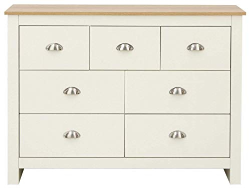 GFW Lancaster Wooden 7 Drawer Chest With Steel Cup Handle & 28.4 Litre Drawers, Modern Bedroom Furniture Chest Of Drawers Storage Unit, Contrast Oak Top, Cream D-35 x W-111.5 x H-81cm