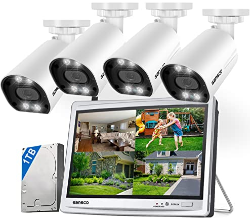 SANSCO Wireless CCTV Camera System with 12 Screen Monitor, 16CH NVR Recorder Systems 1TB Hard Drive, 2x 4MP Dual lens PTZ Outdoor WiFi IP Cameras, Color Night Vision, Human Detection