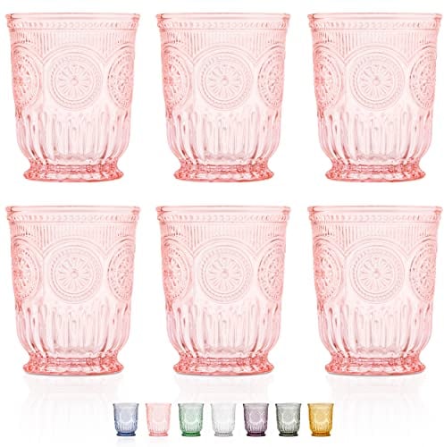 Pink Glass Cups set of 6 pink water glasses for lovers of vintage pink glassware with matching wine and champagne glasses. Colorful unique and pretty colored glassware.