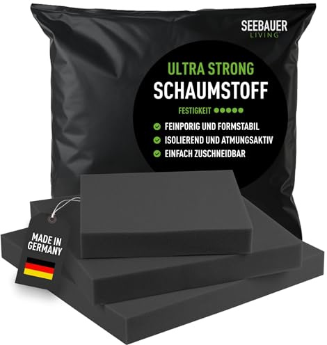SEEBAUER living Schaumstoff Ultra Strong RG 60/70 (Sehr fest) 45 x 45 x 4 cm Schaumstoffplatte für Polster und Sitzkissen, Polsterschaumstoff als Zuschnitt für Sitzpolster