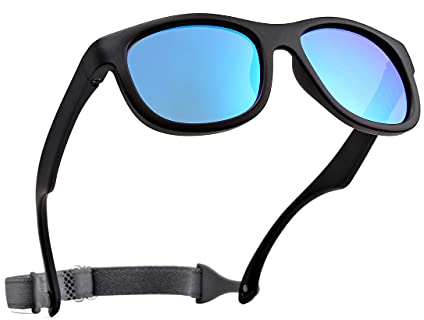 Pro Acme Unbreakable Polarized Baby Sunglasses Flexible Toddler Sunnies with Strap Soft Silicone Frame for 0-24 Months (Black Frame | Blue Mirrored Lens)