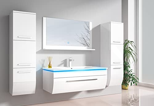 Badmöbelset Hochglanz Weiß - Badezimmermöbel Badmöbel Set mit Waschbecken - Vormontierte Komplettprogramme für Badezimmer - Bademöbel Angebot Doppelwaschbecken mit Waschbeckenunterschrank