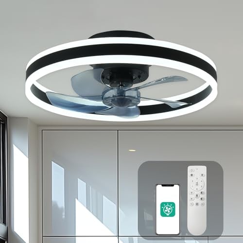 CHANFOK Ceiling Fan with Remote Control Flush Mount Modern Indoor 19.7 LED Dimmable Low Profile Ceiling Fans,Smart 3 Light Color Change and 6 speeds