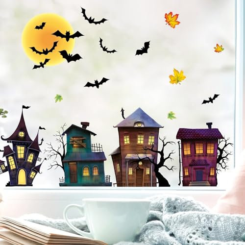 Wandtattoo Loft Fensterbild Halloween Fledermäuse Gruselhäuser Fensterdeko Wiederverwendbar Kinderzimmer Kind Fensterfolie, A3 Bogen