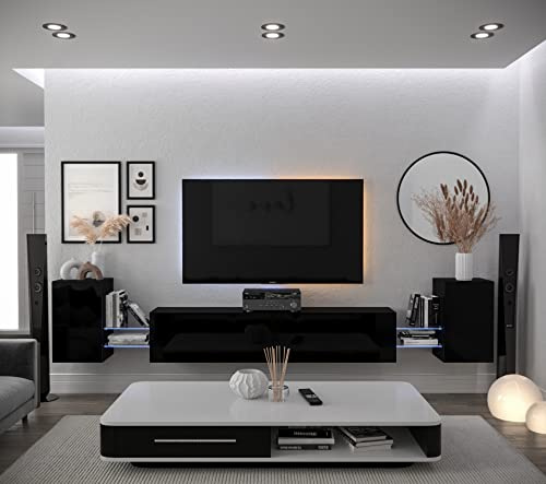 Furnitech Wohnwand Wohnzimmer | Wohnzimmer Möbel mit LED RGB - 16 Farben | Hängend Wohnwand Modern | Wohnzimmer Schrankwand mit Regale und TV Schrank (AN103-21B-HG1-1A)