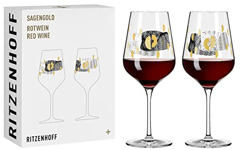 RITZENHOFF 3401002 Rotweinglas 500 ml - Serie Sagengold Nr. 2, 2er Set mit Traubenmotiv, Echt-Gold - Made in Germany, Schwarz, Gold