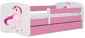 Babybett 80 x 180 cm, Puderrosa mit Schublade, ohne Matratze, Einhorn-Motiv