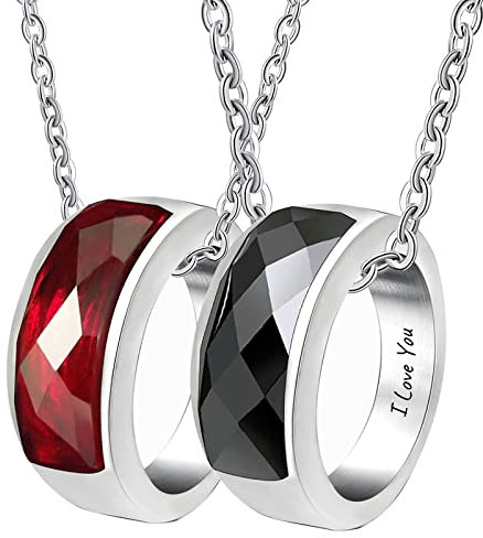 Epinki Partnerketten mit Ring Edelstahl Anhänger Geometrisch Agate mit Gravur I Love You Partner Kette Anhänger Silber für Frauen & Männer Breite 7.8MM - Herrenkette 60cm Damenkette 50cm
