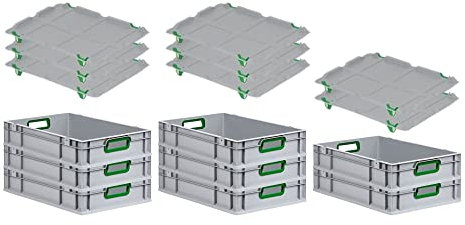SuperSparSet 8x Eurobox NextGen Color mit Auflagedeckel & Schiebeschnappverschlüsse, HxBxT 12x40x60cm, 23L, Griffe grün offen, Glatter Boden, Eurobehälter Transportbox Transportbehälter