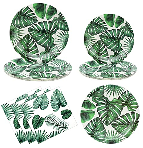Gukasxi Lot de 60 assiettes en carton pour fête d'été hawaïenne et feuilles de palmier tropicales - Pour fête prénatale, d'anniversaire, jungle, safari
