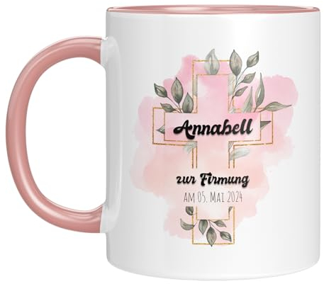 TassenTicker - personalisierte Tasse - Christliche Geschenk zur Firmung - Mädchen - Jungen - Kreuz - Glückwunsch - Wunschtext (Rosa, Firmung)