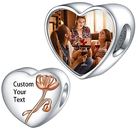 LaMenars Personalized Photo Charms Geburt Blume August Mohn Perlen Sterling Silber Anpassen Bild Liebe Herz für Frauen Armbänder und Halsketten Geschenke für Mädchen