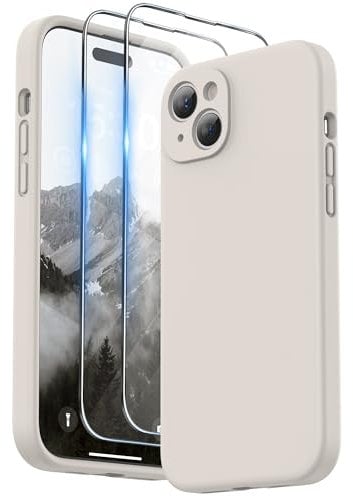 SURPHY Design for iPhone 15 Plus Case, Liquid Silicone Protection for Each Lens [2 x Screen Protectors & 1 x Lanyard] Shockproof Cover for iPhone 15 Plus 6.7 inch 2023, Stone