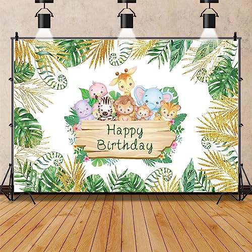 Bovlleetd Tier Happy Birthday Backdrop Golden Green Tropical Leaves Dekorationen Cute Wildlife Zoo Themed Party Hintergrund Kuchen Tisch Banner Photo Studio Booth Requisiten 220x150cm