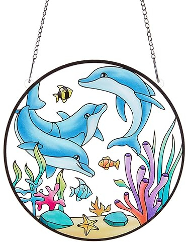 PLIGREAT Seaworld Dolphin Painted Buntes Glas Panels Sonnenfänger Acryl-Fenster-Wandbehang Ornament Für Schlafzimmer Wohnzimmer Balkon Fenster Wanddekoration Garten-Anhänger Dekor